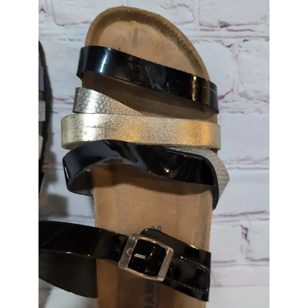 Sanosan Black Patent Metallic Leather Straps Soft Footbed Cork Wedge Sandals 38